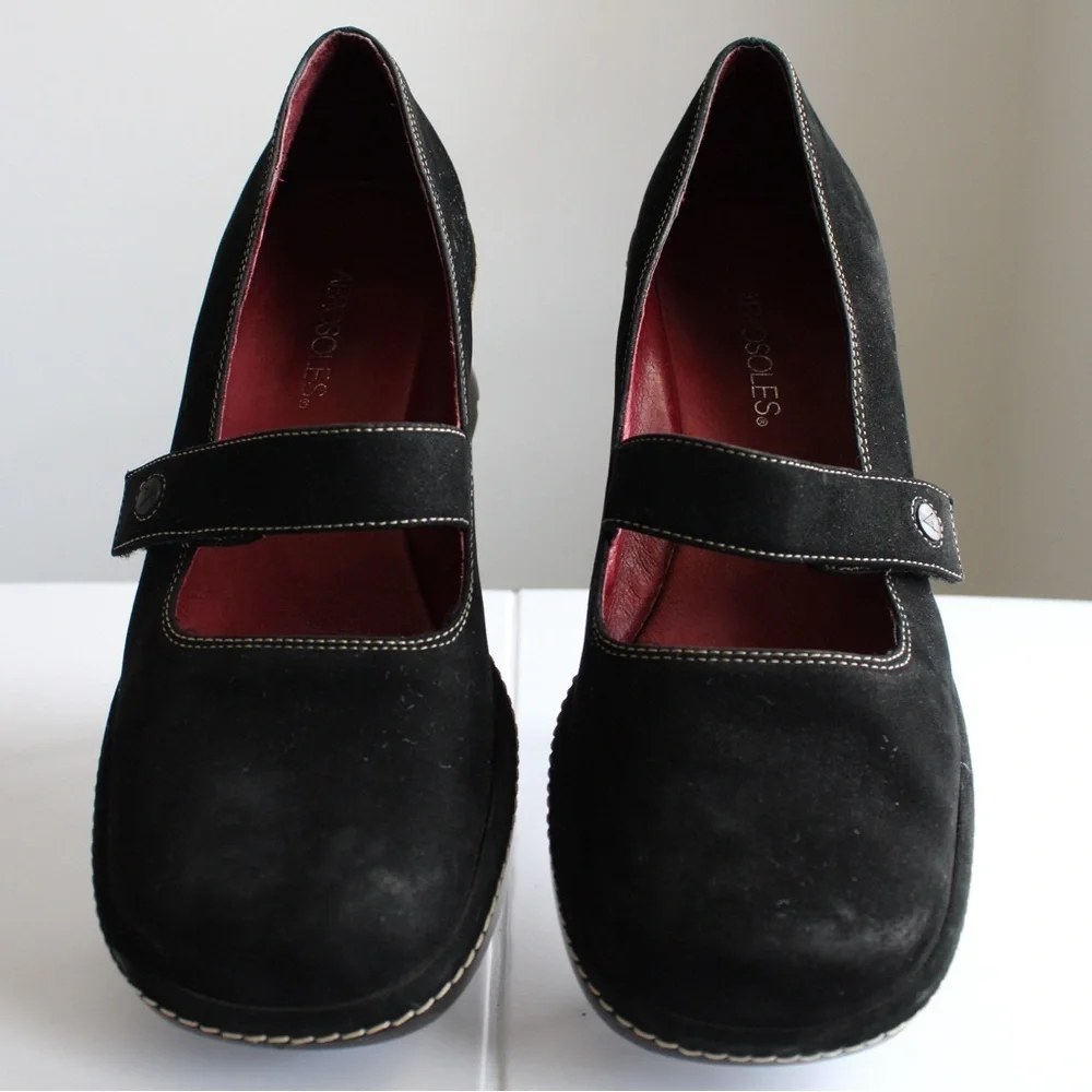 Aerosoles Lightening Jolt Black Leather Mary Jane, Platform Wedge Women Size 8.5